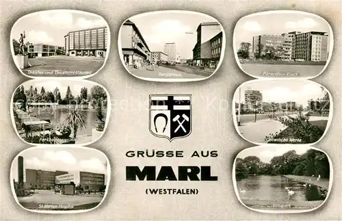 AK / Ansichtskarte Marl_Westfalen Theater Bergstrasse Paracelsus Klinik Parkbad Chem Werke St Marien Hospital Vokspark Marl_Westfalen