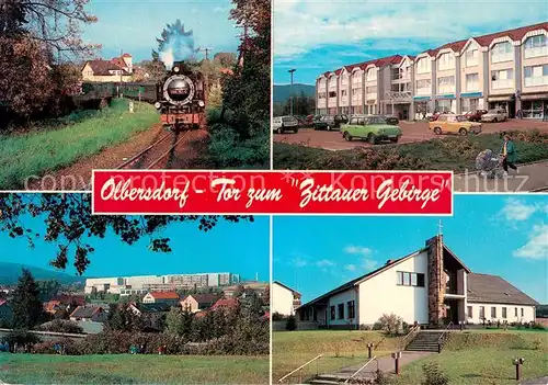 AK / Ansichtskarte Olbersdorf_Sachsen Bimmelbahn Dampflokomotive Grenzlandcenter Neubaugebiet Gemeindezentrum Tor zum Zittauer Gebirge Olbersdorf Sachsen