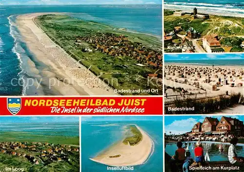 AK / Ansichtskarte Insel_Juist Nordseeinsel Badestrand Spielteich am Kurplatz Im Loog Fliegeraufnahme Insel_Juist