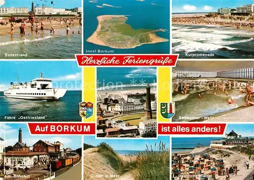 AK / Ansichtskarte Borkum_Nordseebad Badestrand Kurpromenade Faehre Ostfriesland Wellenbad Bahnhof Duenen Gaststaette Heimliche Liebe Borkum_Nordseebad