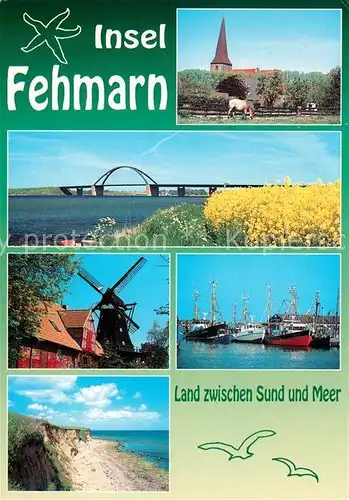 AK / Ansichtskarte Insel_Fehmarn Blick zur Kirche Rapsfelder Fehmarnsundbruecke Windmuehle Hafen Fischkutter Kueste Insel Fehmarn