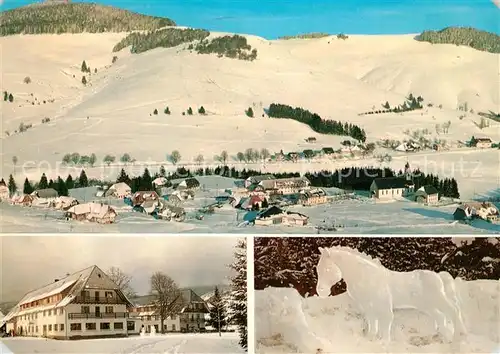 AK / Ansichtskarte Bernau_Schwarzwald Winterpanorama Gasthof Pension Roessle Pferdestatue aus Eis Bernau Schwarzwald