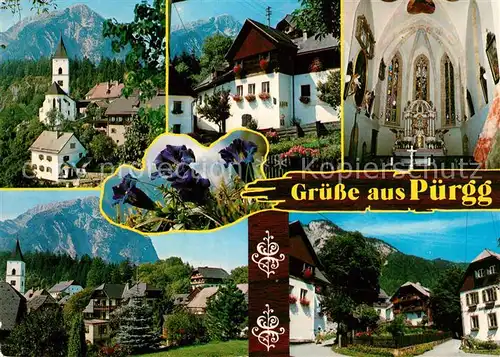 AK / Ansichtskarte Puergg Trautenfels Ortsmotiv mit Kirche Grimming Kirche Innenansicht Blauer Enzian Alpenflora Puergg Trautenfels