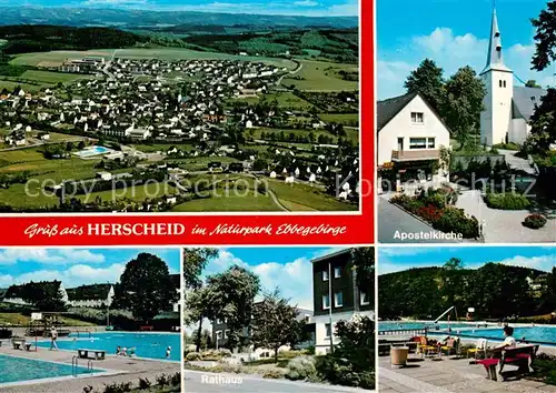 AK / Ansichtskarte Herscheid_Sauerland Fliegeraufnahme Apostelkirche Schwimmbad Rathaus Herscheid_Sauerland