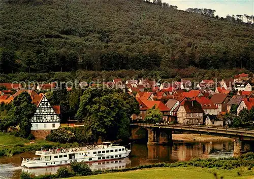 AK / Ansichtskarte Oberweser_Hessen Bruecke zwischen Rheinhardswald und Solling mit Fahrgastschiff Oberweser Hessen