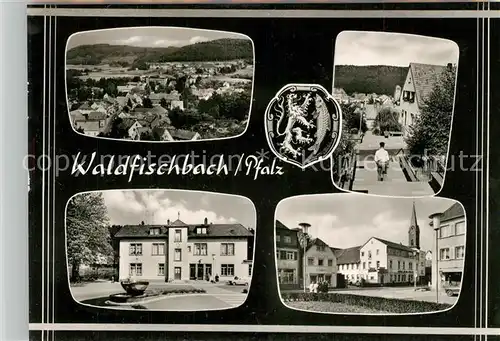 AK / Ansichtskarte Waldfischbach Burgalben Rathausplatz Kirche Galgenfelsen Ecke Hoeh Welschstrasse Stadtpanorama Wappen Bromsilber Waldfischbach Burgalben