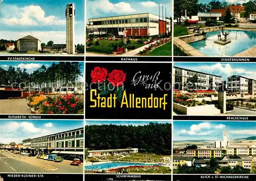 AK / Ansichtskarte Allendorf_Landsburg Kirche Rathaus Brunnen Schule Strassenpartie Freibad Allendorf_Landsburg