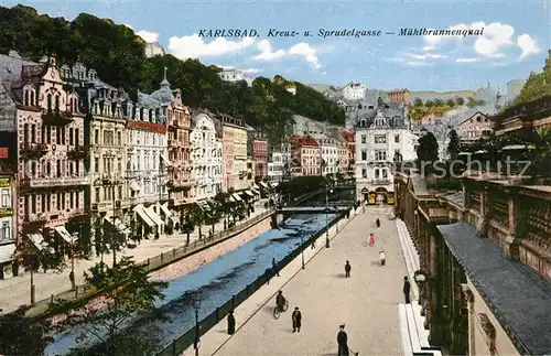 AK / Ansichtskarte Karlsbad_Eger Kreuz   und Sprudelgasse Muehlbrunnenquai Karlsbad_Eger