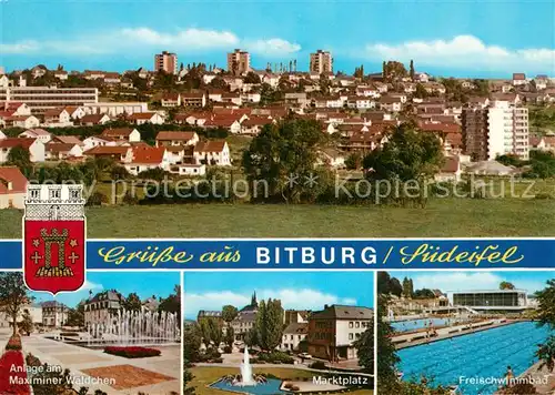 AK / Ansichtskarte Bitburg Maximinr Waeldchen Marktplatz Freibad Stadtpanorama Bitburg