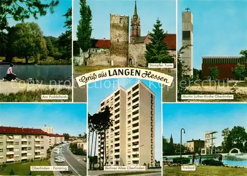 AK / Ansichtskarte Langen_Hessen Paddelteich Stumpfer Turm Martin Luther Kirche Forstring Berliner Allee Freibad Langen Hessen