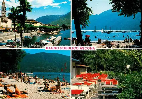 AK / Ansichtskarte Ascona_Lago_Maggiore Bagno Pubblico Badestrand Restaurant Terrasse Hafen Ascona_Lago_Maggiore