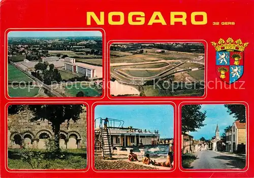 AK / Ansichtskarte Nogaro Hotels Rennstrecke Fliegeraufnahmen Schwimmbad Hauptstrasse Wappen Nogaro