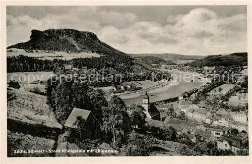 AK / Ansichtskarte Koenigstein_Saechsische_Schweiz Panorama mit Blick zum Lilienstein Tafelberg Elbsandsteingebirge Koenigstein_Saechsische