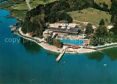 AK / Ansichtskarte Kochel_See Trimini am Kochelsee Hotel Restaurant Freibad Strand Fliegeraufnahme Kochel_See