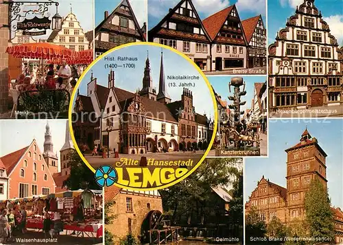 AK / Ansichtskarte Lemgo Markt Waisenhausplatz Rathaus Kirche Breite Strasse Kanzlerbrunnen Hexenbuergermeisterhaus Historisches Gebaeude Oelmuehle Schloss Brake Lemgo