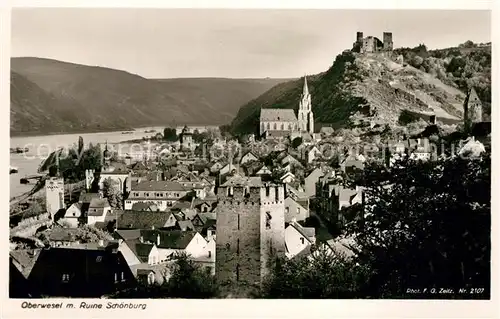 AK / Ansichtskarte Oberwesel_Rhein Panorama mit Ruine Schoenburg Oberwesel Rhein