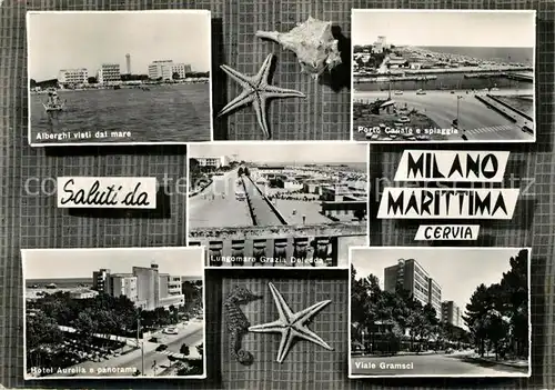 AK / Ansichtskarte Milano_Marittima Alberghi dal mare Porto Canale e spiaggia Hotel Aurelia Viale Gramsci Milano_Marittima