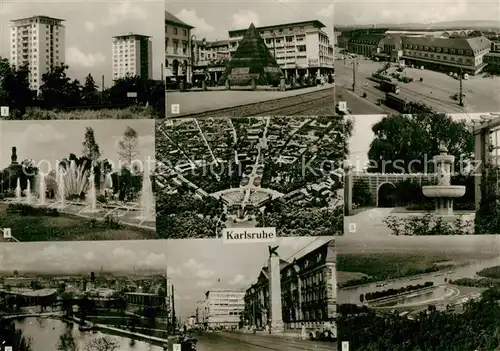 AK / Ansichtskarte Karlsruhe_Baden Hochhaeuser Pyramide Bahnhof Wasserspiele Stadtgarten Tullabad Kaiserstrasse Rheinstrandbad Rappenwoerth Karlsruhe_Baden