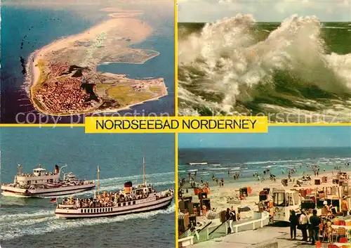 AK / Ansichtskarte Norderney_Nordseebad Fliegeraufnahme Sturmflut Faehrschiffe Strandpartie Norderney_Nordseebad