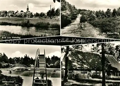 AK / Ansichtskarte Hermannsburg Blick vom Wehrsteg Landschaftspanorama Wietzer Berg Schwimmbad Museum Hermannsburg