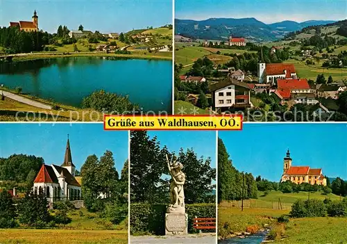 AK / Ansichtskarte Waldhausen_Oberoesterreich Panorama Badesee Kirche Bildstock Klosterkirche Waldhausen