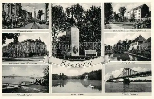 AK / Ansichtskarte Krefeld Rheinstr Westwall Museum Rheinbruecke Stadtwald Ostwall mit Passagehaus Burg Linn  Krefeld