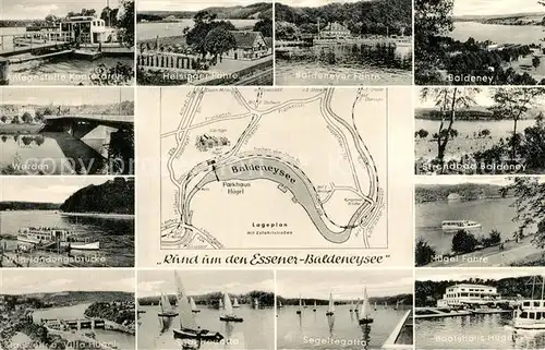 AK / Ansichtskarte Essen_Ruhr Heisinger Poehre Baldeney Faehre Werden Landungsbruecke Villa Huegel Segelregatta Strandbad Huegel Faehre Bootshaus Huegel Essen_Ruhr