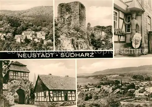 AK / Ansichtskarte Neustadt_Harz Panorama Ruine Statue Stadttor Panorama Neustadt_Harz