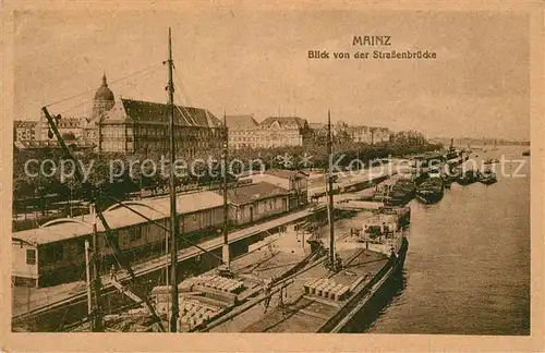 AK / Ansichtskarte Mainz_Rhein Panorama Blick von der Strassenbruecke Rheinufer Frachtkaehne Dampfer Binnenschiffahrt Mainz Rhein