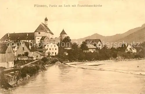 AK / Ansichtskarte Fuessen_Allgaeu Partie am Lech mit Franziskanerkirche Fuessen Allgaeu