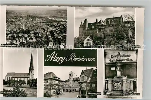 AK / Ansichtskarte Alzey Fliegeraufnahme Schloss Voelkerbrunnen Fischmarkt Deutsches Haus Fachwerkhaus Kirche Alzey