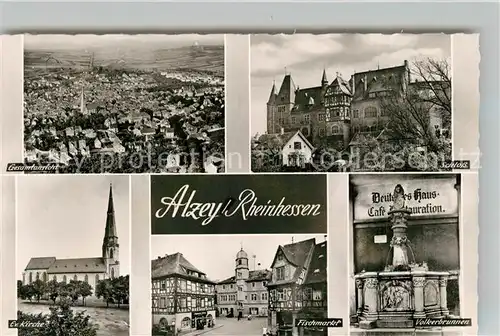 AK / Ansichtskarte Alzey Fliegeraufnahme Schloss Voelkerbrunnen Fischmarkt Deutsches Haus Fachwerkhaus Kirche Bromsilber Alzey