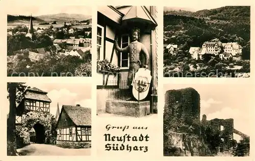 AK / Ansichtskarte Neustadt_Harz Panorama Ruine Fachwerkhaeuser Skulptur Neustadt_Harz