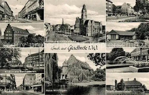AK / Ansichtskarte Gladbeck Hochstrasse Postamt Rathaus Stadtbuecherei Rentforterstr Jovy Platz Haus Wittringen Badeanstalt Gladbeck