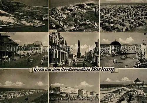 AK / Ansichtskarte Borkum_Nordseebad Fliegeraufnahme Ortspartien Leuchtturm Konzertpavillon Strand Borkum_Nordseebad