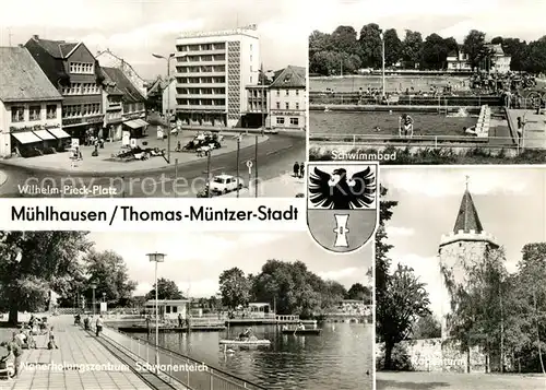 AK / Ansichtskarte Muehlhausen_Thueringen Wilhelm Pieck Platz Schwimmbad Schwanenteich Robenturm Muehlhausen Thueringen