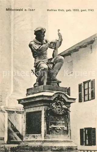 AK / Ansichtskarte Mittenwald_Bayern Denkmal Mathias Klotz Brunnen Mittenwald Bayern