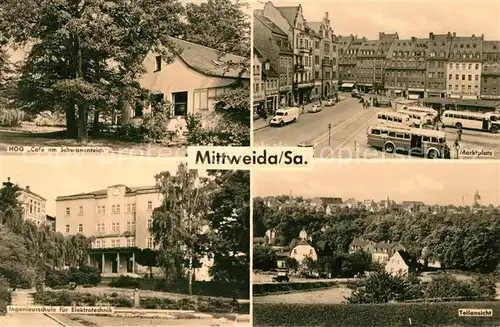 AK / Ansichtskarte Mittweida Marktplatz HOG Cafe am Schwanenteich Schule Mittweida