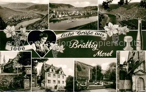 AK / Ansichtskarte Bruttig_Mosel Panorama Moseltal Weinberge Weinprinzessin Fachwerkhaeuser Gedenkstein Bruttig Mosel