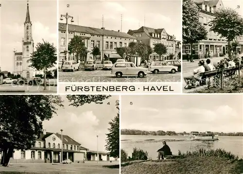 AK / Ansichtskarte Fuerstenberg_Havel Kirche Marktplatz Thaelmann Strasse Bahnhof Havelpartie Fuerstenberg_Havel