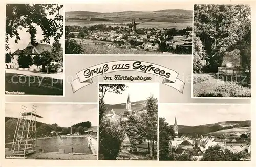 AK / Ansichtskarte Gefrees Panorama Fichtelgebirge Vereinshaus Schwimmbad Sprungturm Kirche Gedenkstein Gefrees