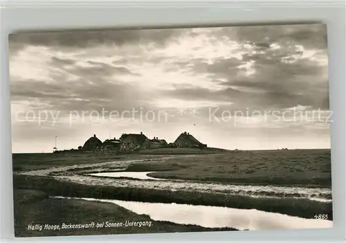 AK / Ansichtskarte Hallig_Hooge Backenswarft Sonnenuntergang Hallig Hooge