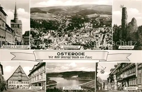 AK / Ansichtskarte Osterode_Harz Marktplatz Panorama Burgruine Rathaus Soesetalsperre Rollberg Osterode_Harz