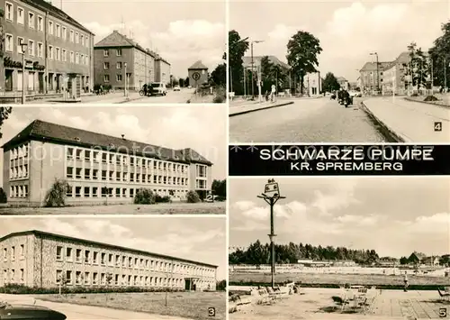 AK / Ansichtskarte Schwarze_Pumpe Bergmannstrasse Betriebspoliklinik Schwimmbad Schwarze Pumpe