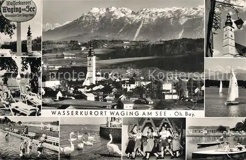 Waging_See Teilansichten Wasserkurort Segeln Schwaene Kirche Alpenblick Waging_See