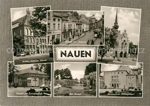 AK / Ansichtskarte Nauen_Havelland Kaethe Kollwitz Schule Strasse der Jugend Rathaus Restaurant Volksgarten Kanal Theater der Freundschaft Nauen_Havelland