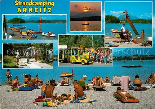 AK / Ansichtskarte Faak_am_See_Finkenstein Strandcamping Arneitz Strand Rutschbahn Touristenbahn Sonnenuntergang Faak_am_See_Finkenstein