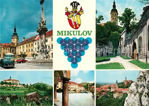 AK / Ansichtskarte Mikulov_Nikolsburg_Suedmaehren Altstadt Schloss Saeule Kirche Wappen Mikulov_Nikolsburg