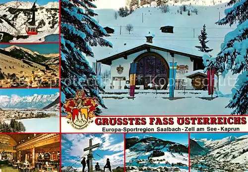 AK / Ansichtskarte Hinterglemm_Saalbach Groesstes Fass oesterreichs Schattbergseilbahn Zell am See Steinernes Meer Kitzsteinhorn Gipfelkreuz Alpenpanorama Hinterglemm_Saalbach