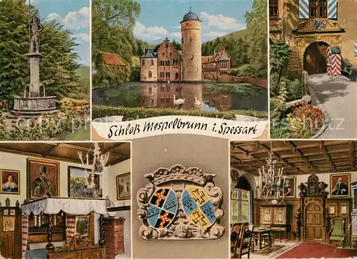 AK / Ansichtskarte Mespelbrunn Schloss im Spessart Innenraeume Toreingang Brunnen Wappen Mespelbrunn